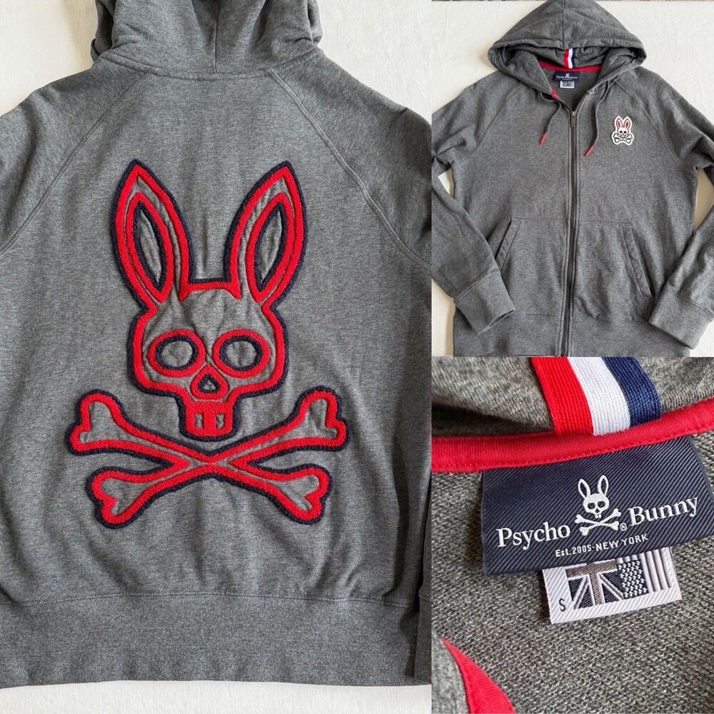 Psycho Bunny Hoodie Mens Small Gray Full Zip Embroidered Jacket Sweatshirt